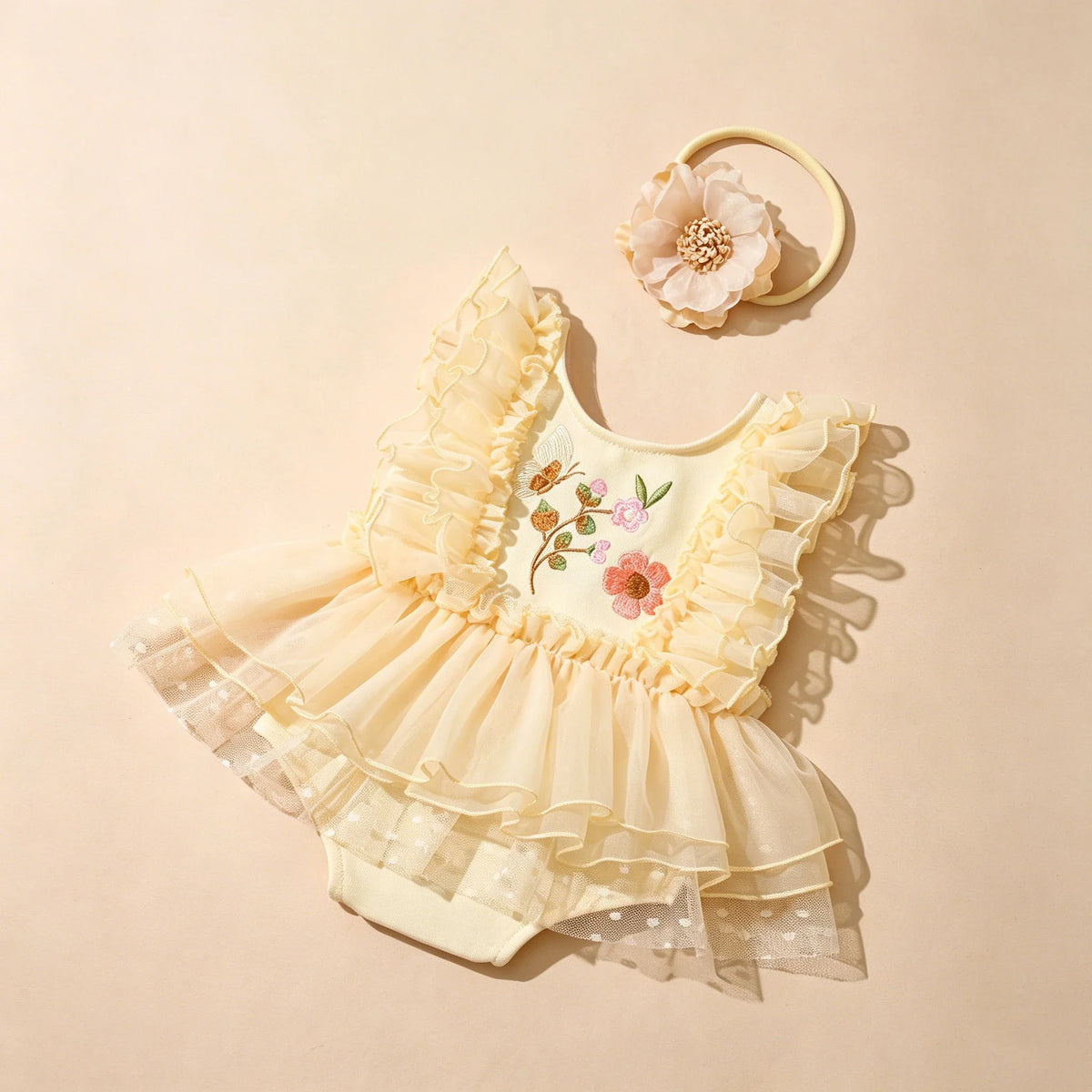Newborn Baby Girl Floral Tutu Romper Set - Butterfly Embroidery Bodysuit with Flower Headband