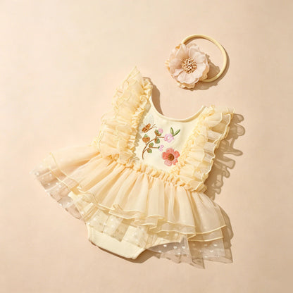 Newborn Baby Girl Floral Tutu Romper Set - Butterfly Embroidery Bodysuit with Flower Headband