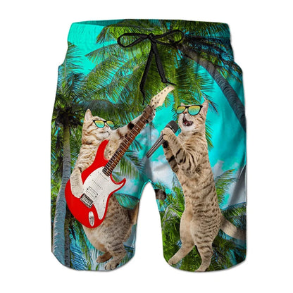 Men's Dinosaur Cat 3D Print Beach Shorts - Fun Hawaiian Swim Trunks