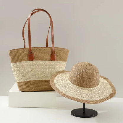 French Style Straw Handbag & Summer Beach Hat Set – Woven Bucket Bag with Fine Stripes