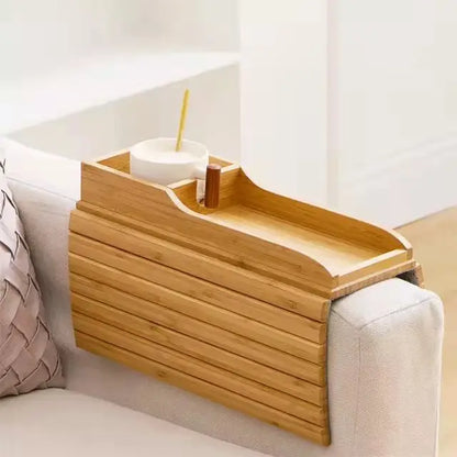 Foldable Bamboo Couch Cup Holder – Anti-Slip Multifunctional Sofa Armrest Tray for Cups & Remote Control