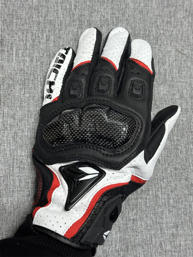 Motorcycle Gloves – Black Racing Genuine Leather, White Road Riding Team Gloves for Men, Summer & Winter with Touch Screen Compatibility