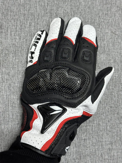 Motorcycle Gloves – Black Racing Genuine Leather, White Road Riding Team Gloves for Men, Summer & Winter with Touch Screen Compatibility