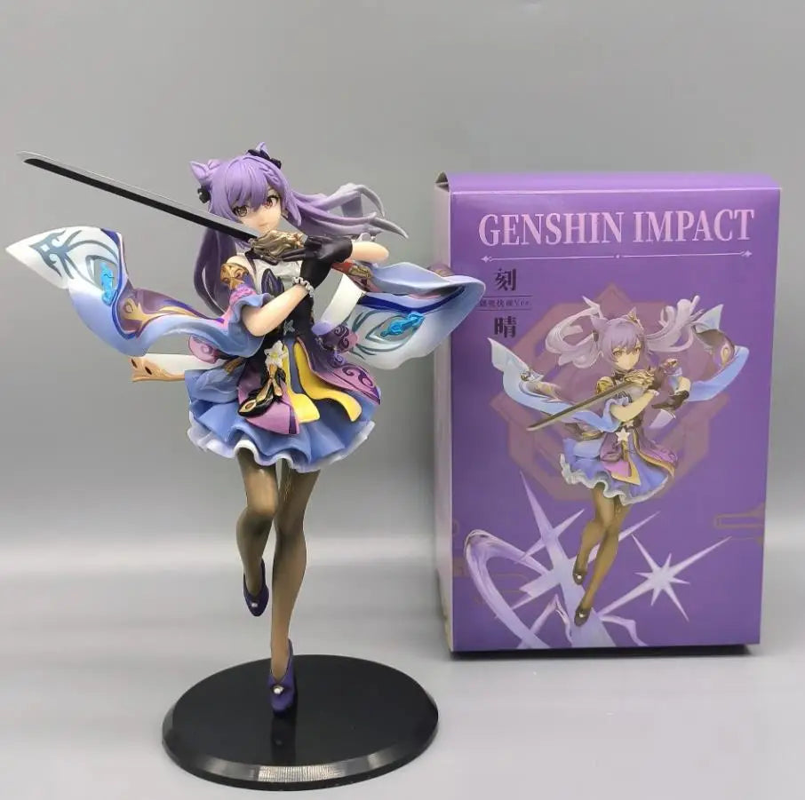 25CM Genshin Impact Keqing & Hu Tao Anime PVC Figure – Sword Swing Action Desktop Decoration Toy