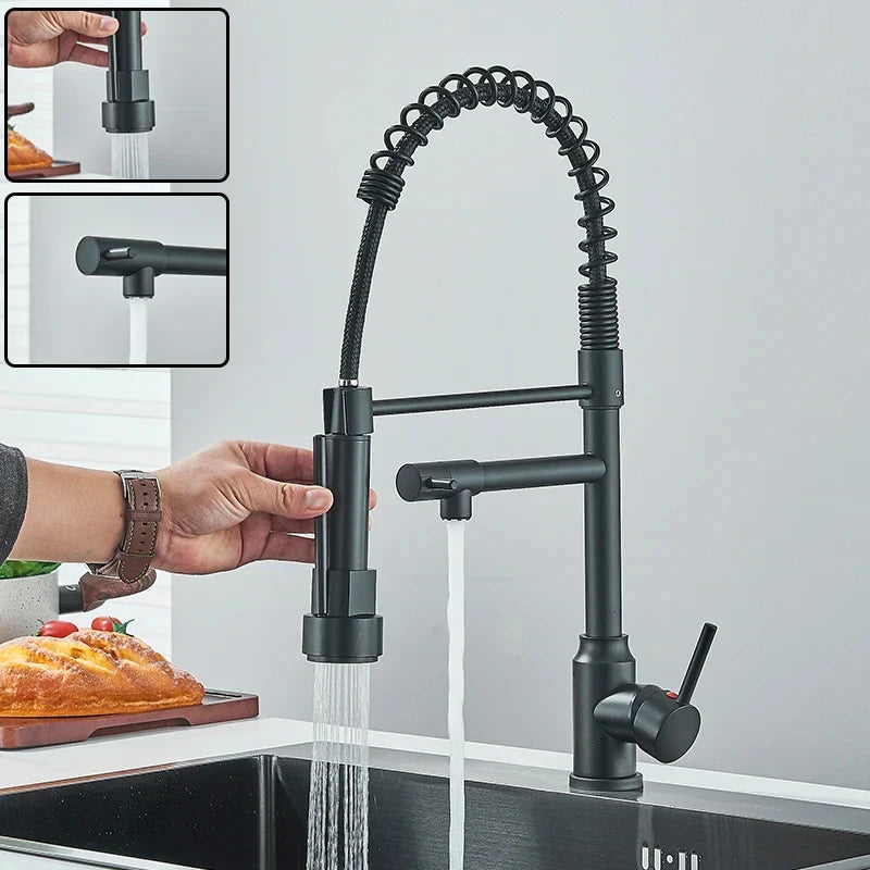 Black Kitchen Sink Faucet - Pull-Down Hot & Cold Water Mixer, 2-Mode Tap with Dual Spout, 360° Rotation, Flexible Deck Mounted