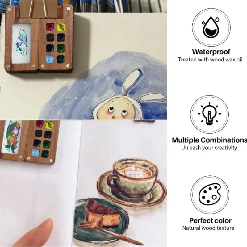 Portable Travel Wooden Handmade 8-Grid 0.5ml Watercolor Paint Palette: Mini Black Walnut Oil Paints Tray Box - Empty Box