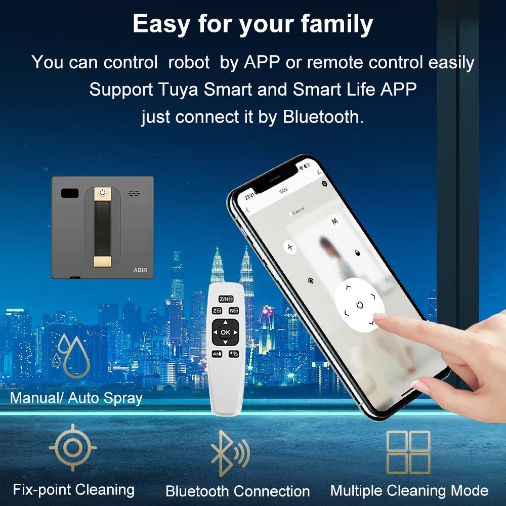 ABIR WD8 Robot Window Vacuum Cleaner – Dual Ultrasonic Spray, APP & Remote Control, Smart Home Glass Mop & Auto Wall Cleaning Robot