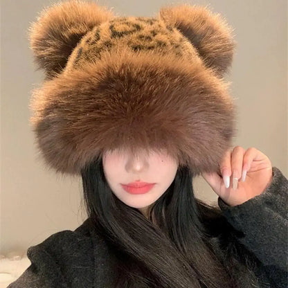 Retro Leopard Print Plush Cat Ear Beanie – Thick Warm Fur Hat for Women, Windproof & Fluffy Winter Snow Cap