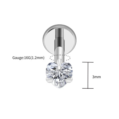 Right Grand ASTM F136 Titanium 16G Heart CZ Threaded Labret Stud – 3mm/4mm/5mm CZ Cartilage, Tragus, Helix & Nose Piercing Jewelry