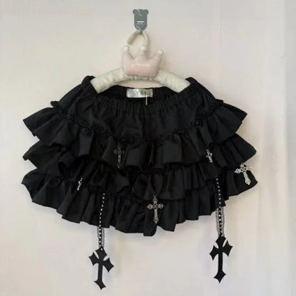 Y2K Gothic Ruffle Skirt - Black & White Polka Dot Punk Lolita Mini Skirt