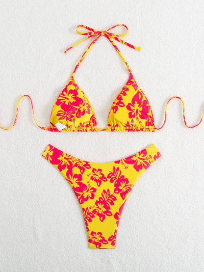 Retro Floral Print Bikini Set - Women's High Waisted Lace Up 2 Piece Summer Swimsuit Beachwear