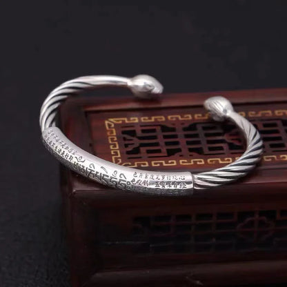 Retro Tibetan Six-Character Mantra Bracelet — Silver Plated Lotus Cuff for Men