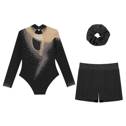 Kids Girls Long-Sleeve Ballet Leotard with Body Shorts & Hair Band — Gymnastics Dance Bodysuit