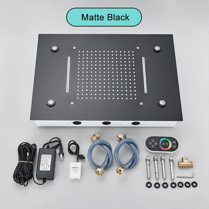 Black Ceiling Mounted LED Rainfall Shower Head – Intelligent Remote Control Concealed Waterfall Tap