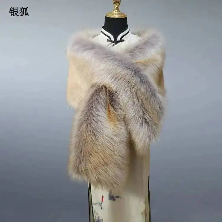 32-Color Luxury Faux Fox Fur Shawl – Women’s Plush Winter Scarf, Wrap & Cape for Wedding & Coat