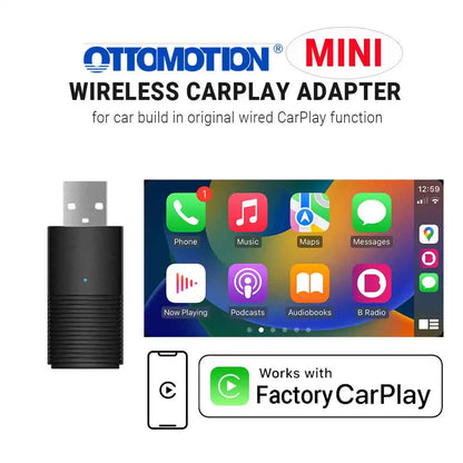Ottomotion MINI Wireless CarPlay Adapter for iPhone - USB Connection, Compatible with Hyundai, VW, Mazda, Toyota, Kia, Ford, Chery