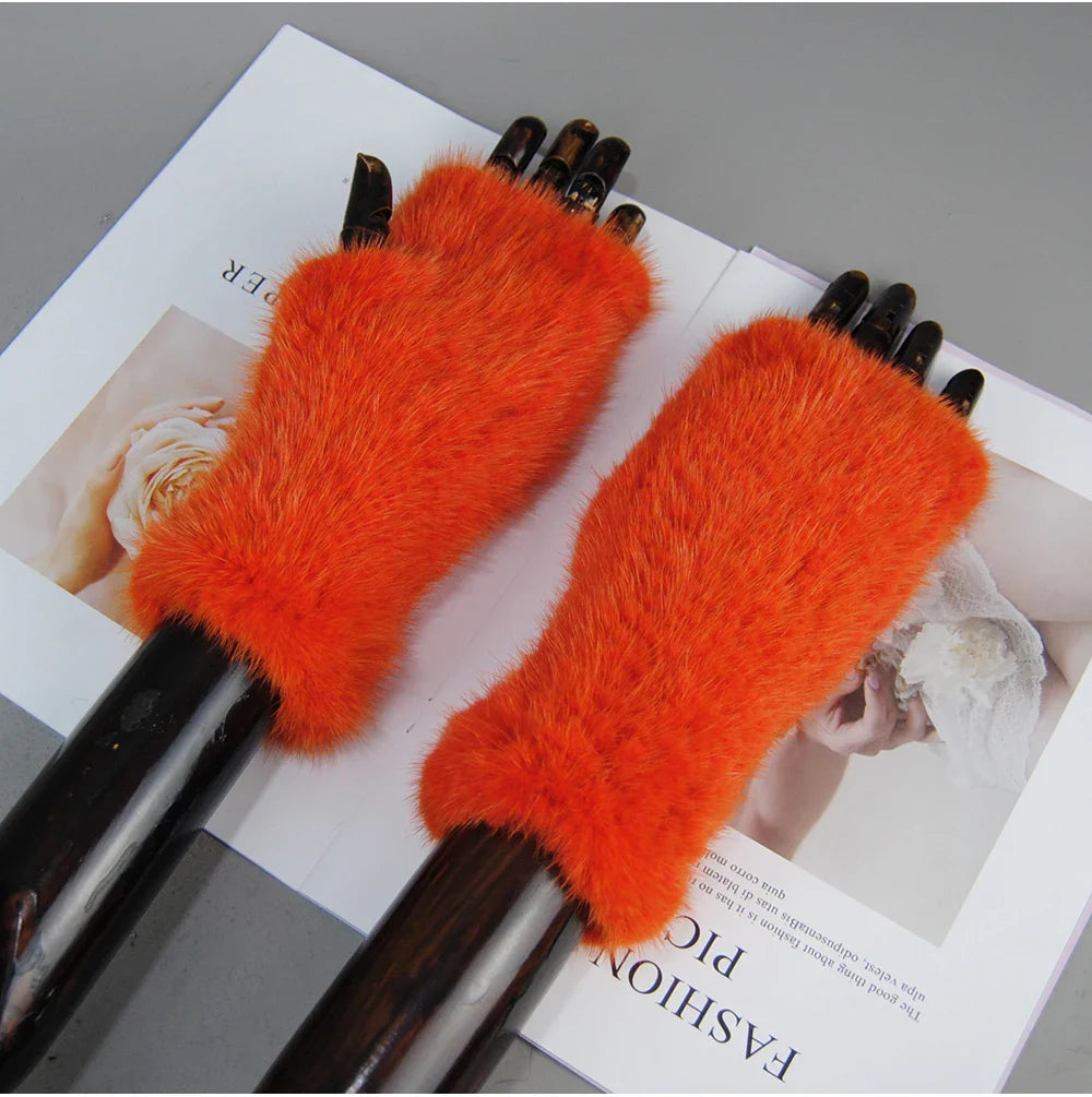 Women’s Winter Mink Fur Gloves – 100% Natural Fingerless Knitted Mittens for Warmth