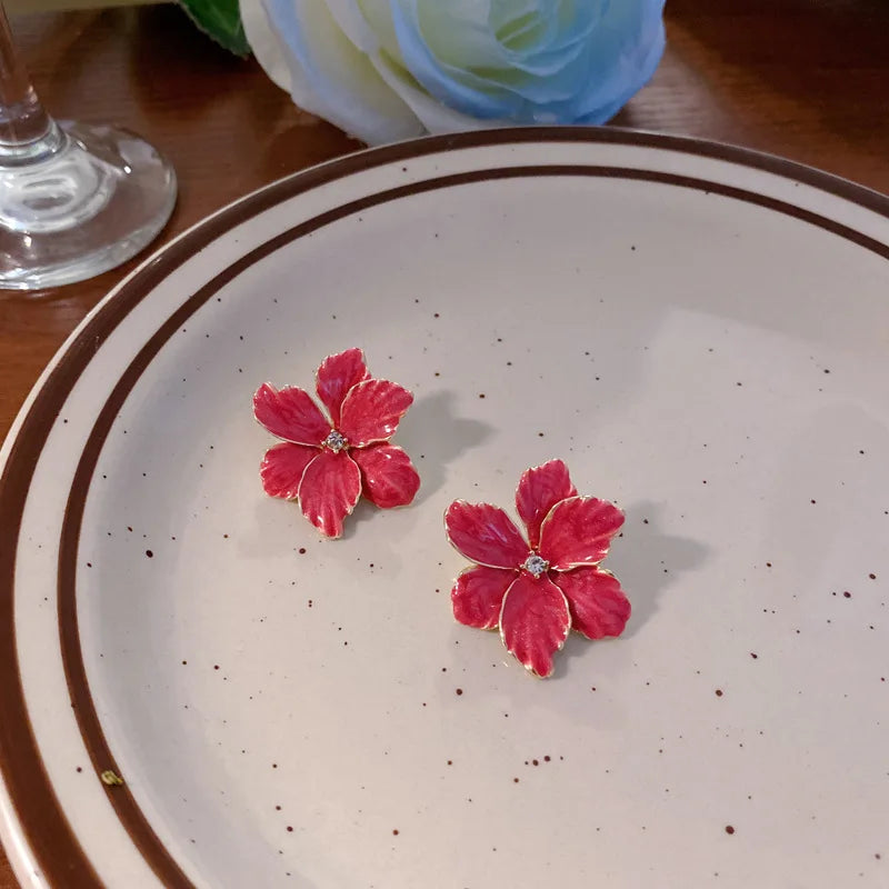 Modern 925 Silver Red Flower Stud Earrings — Spring/Summer Popular Big Earrings for Women & Girls, Fashion Jewelry Gift