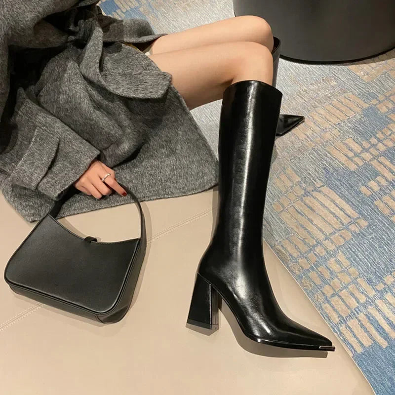 Pointed Toe Women's High Boots – Fashionable Side Zipper Long Booties, Elegant Party High Heel Shoes for Winter