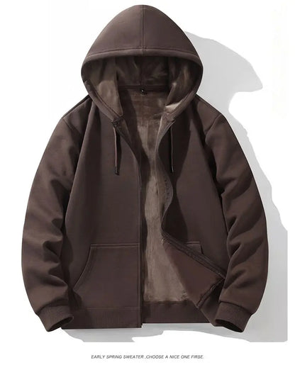 Zipper Hooded Sweatshirt – Autumn Winter Fleece-Lined Cotton Cardigan for Men & Women, Solid Color Y2K Style