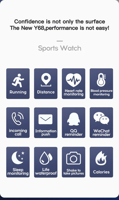 Multifunctional Y68 Smartwatch — Bluetooth Phone, Music, Fitness & Sports Tracker with Sleep Monitor for Men & Women, D20 Model