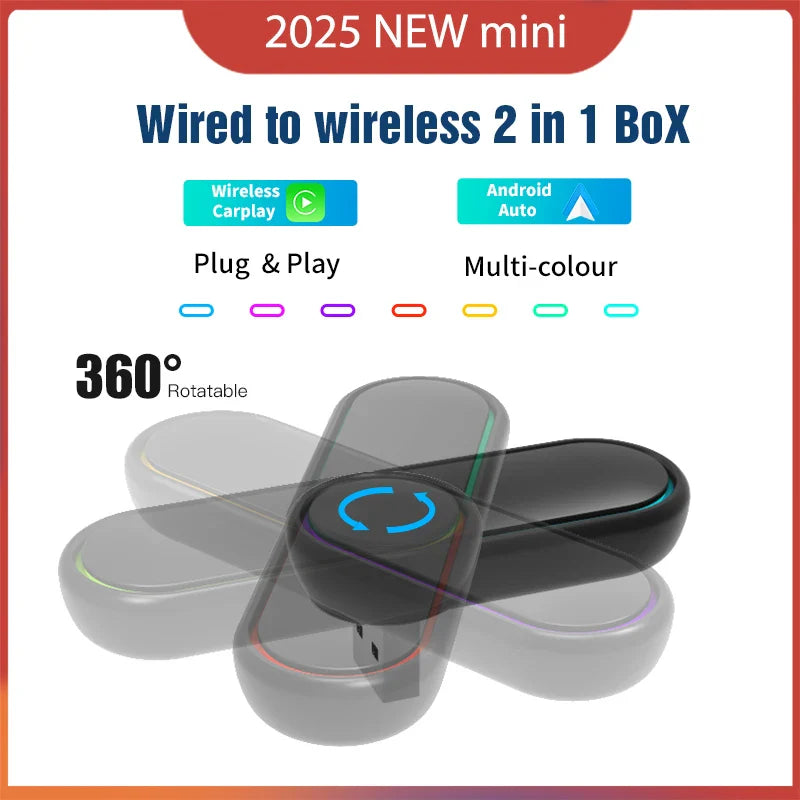 2025 360° Rotatable Wireless CarPlay & Android Auto Adapter — Mini Box, Plug & Play with Fast WiFi Connection