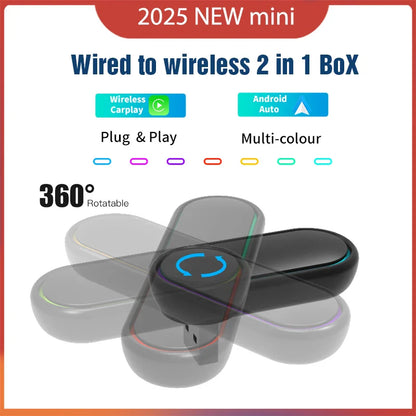 2025 360° Rotatable Wireless CarPlay & Android Auto Adapter — Mini Box, Plug & Play with Fast WiFi Connection