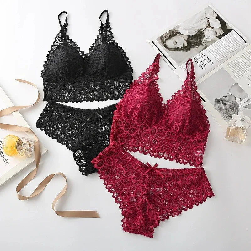 Sexy Lace Lingerie Set – Seamless Wire-Free Bra & Panty with Embroidery Hollow-Out Design