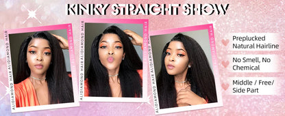 Kinky Straight Lace Front Wig – HD Transparent Remy Human Hair, Glueless Lace Part Wig for Women