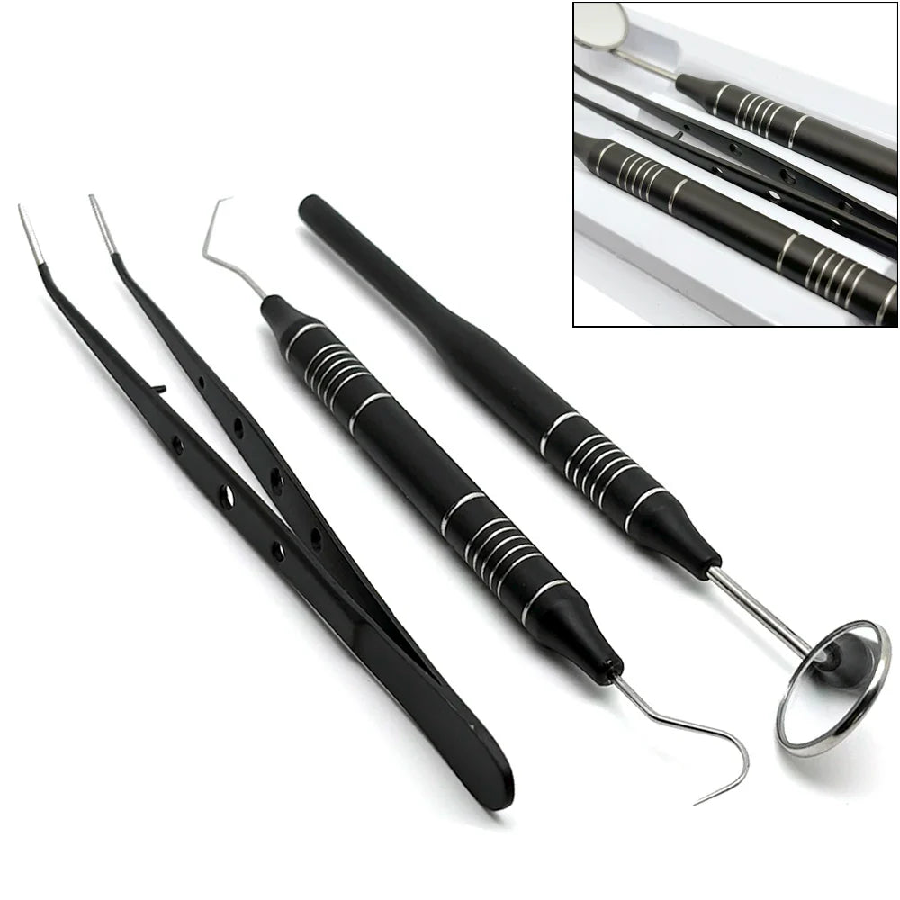 3pcs Dental Mouth Mirror Tweezers & Curved Probe Kit – Stainless Steel Oral Cleaning Instruments