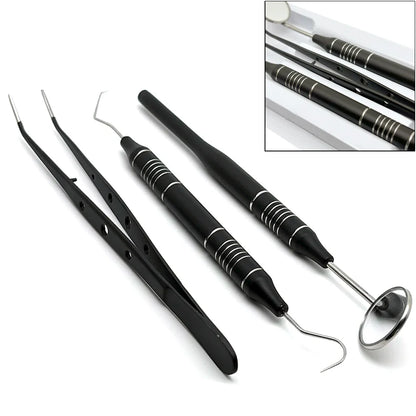 3pcs Dental Mouth Mirror Tweezers & Curved Probe Kit – Stainless Steel Oral Cleaning Instruments