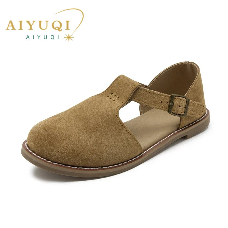 AIYUQI Women’s Retro Leather Sandals 2024 — Flat Sole Hollow Roman Style Summer Shoes
