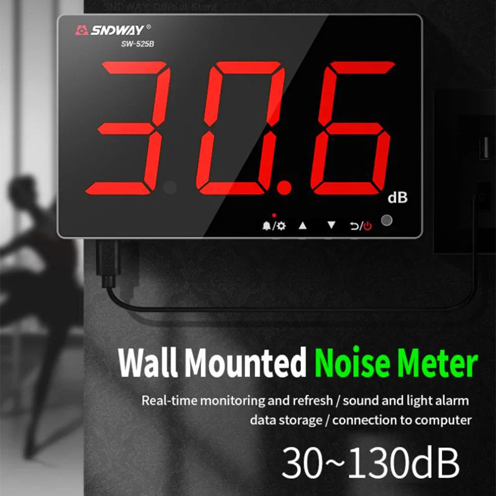 SNDWAY SW-525 Sound Level Meter — Wall-Mounted Digital Noise & Decibel Detector 30-130dB Professional dB Meter