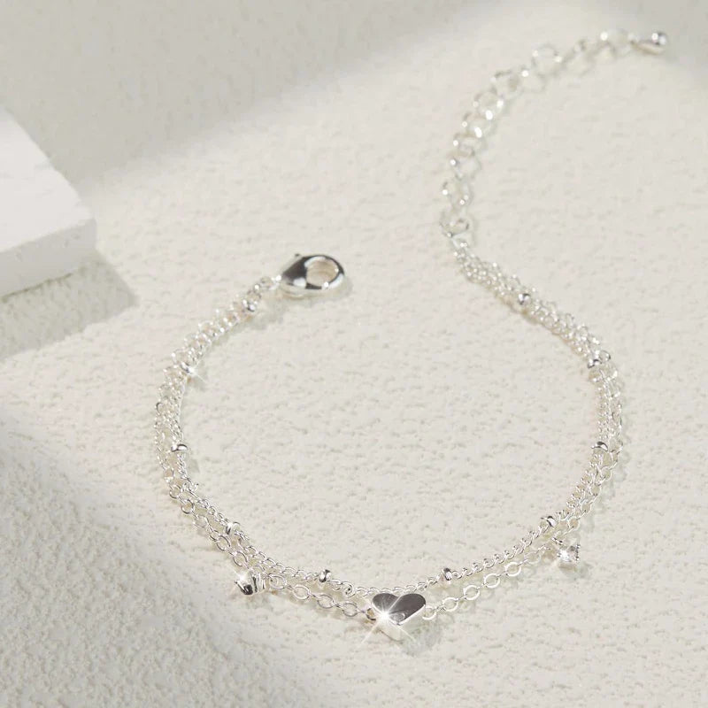 925 Silver Plated CZ Anklet Bracelet – Waterproof Heart Charm Dainty Layered Chain Anklet for Women & Girls Jewelry Gift