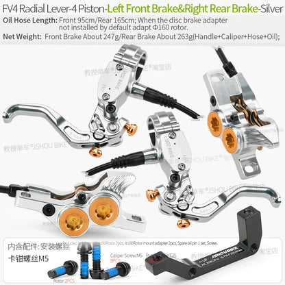 Frog Wake FV4 Mountain Bike Hydraulic Disc Brake Kit – 180mm Rotors, Aluminum 4-Piston Calipers & Levers for MTB