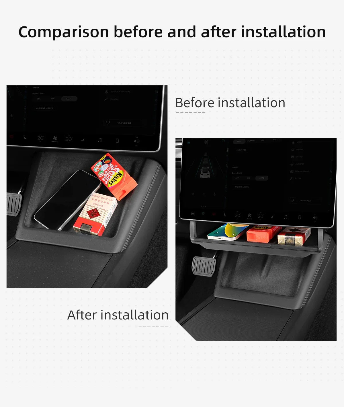 Hidden Under-Screen Storage Box for Tesla Model 3 Highland & Model Y 2024 LHD – Center Console Organizer Tray