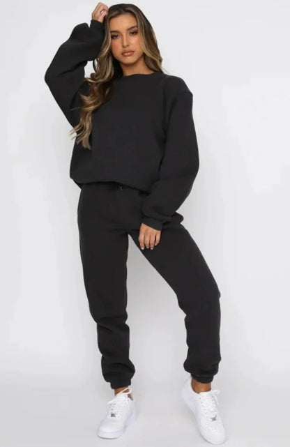 Women’s Casual Long Sleeve Sweatshirt & Pants Set – Solid Color Pullover Trousers, Round Neck Autumn Winter Outfit
