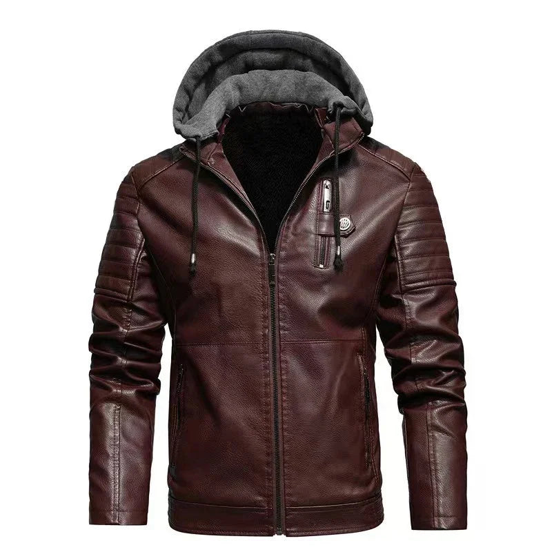 Fashion Men’s Hooded Faux Leather Jacket – Military Style Motorcycle Outwear with Zipper Pockets, Autumn Winter Coat