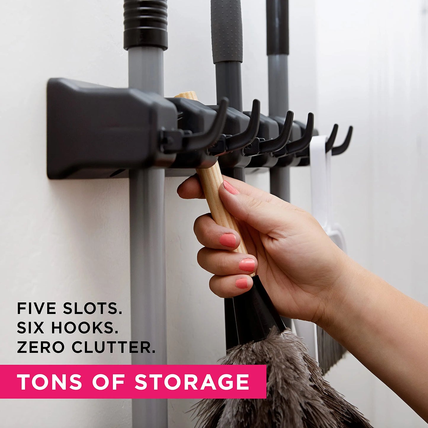 Wall Mounted Mop Holder - 3/4/5 Position Multi-Functional Broom Hanger Shelf for Home Kitchen Storage, Black Magic Plastic Mop Holder