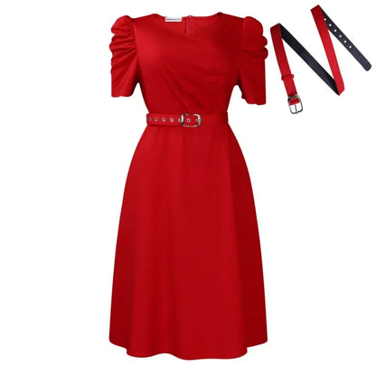 Women's Pleated A-Line Dress - Elegant V-Neck Short Sleeve Office & Church Wear