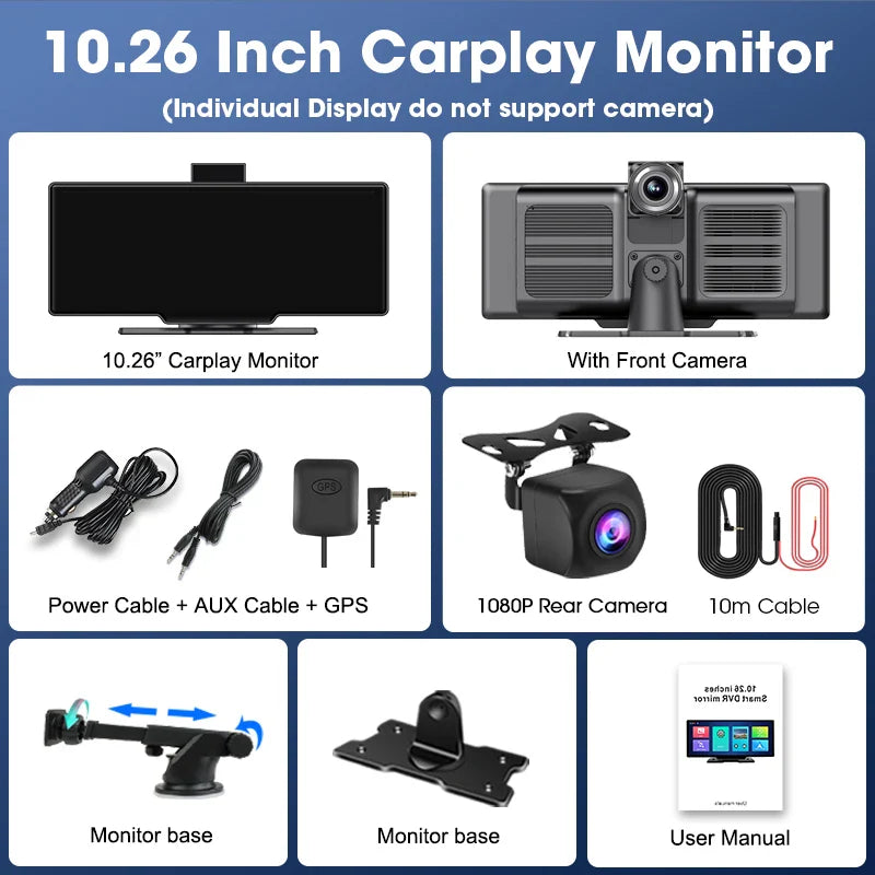 10.26'' 4K Dash Cam Car Mirror Video Player - Wireless CarPlay, Android Auto, GPS, and Rearview Camera Monitor