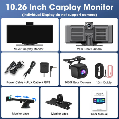 10.26" 4K Dash Cam Car Mirror — Wireless CarPlay Android Auto GPS Multimedia Rearview Camera Dashboard Monitor