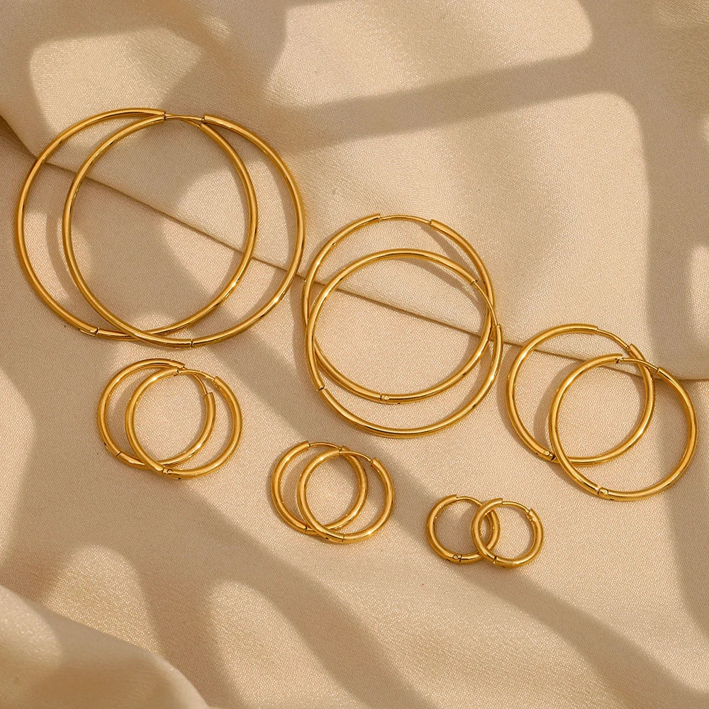E.B.belle Minimalist Stainless Steel Hoop Earrings — 14K Gold-Plated Small, Medium & Large Loops for Women