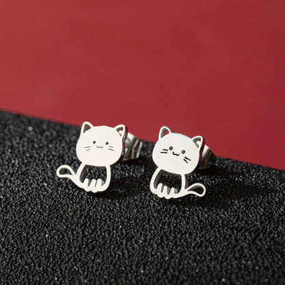Jisensp Cartoon Cat Earrings — Cute Stainless Steel Kitten Studs for Women & Girls, Funny Animal Jewelry