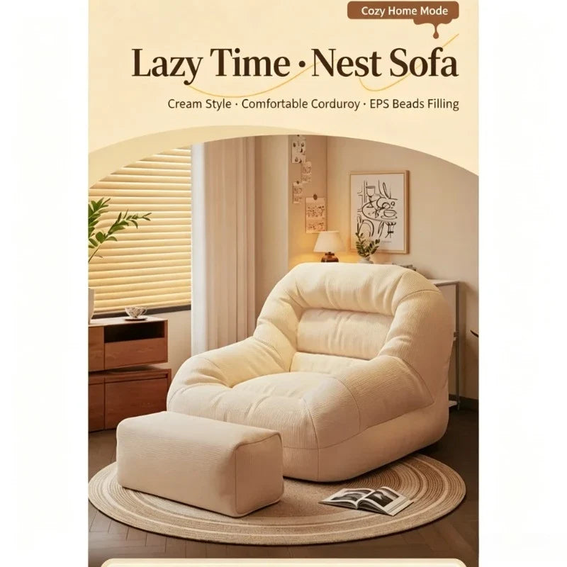 Olive Green Corduroy Bean Bag Sofa - High-Density Filling for Bedroom & Living Room Relaxation