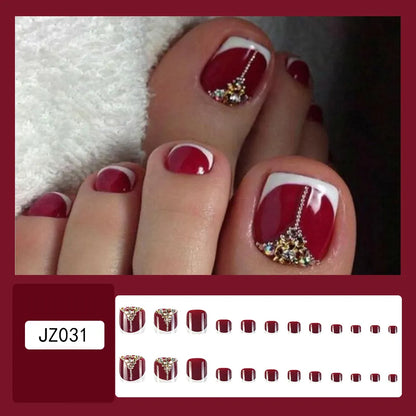 24pcs Retro Red False Toenails: Gold Crystal French Design - Full Cover Square Head Artificial Toe Nails, Wearable & Detachable