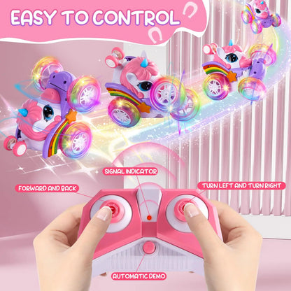 Remote Control Unicorn Car for Girls – 360° Rotating 4WD Stunt RC Toy with LED Lights, 2.4GHz Kids Gift