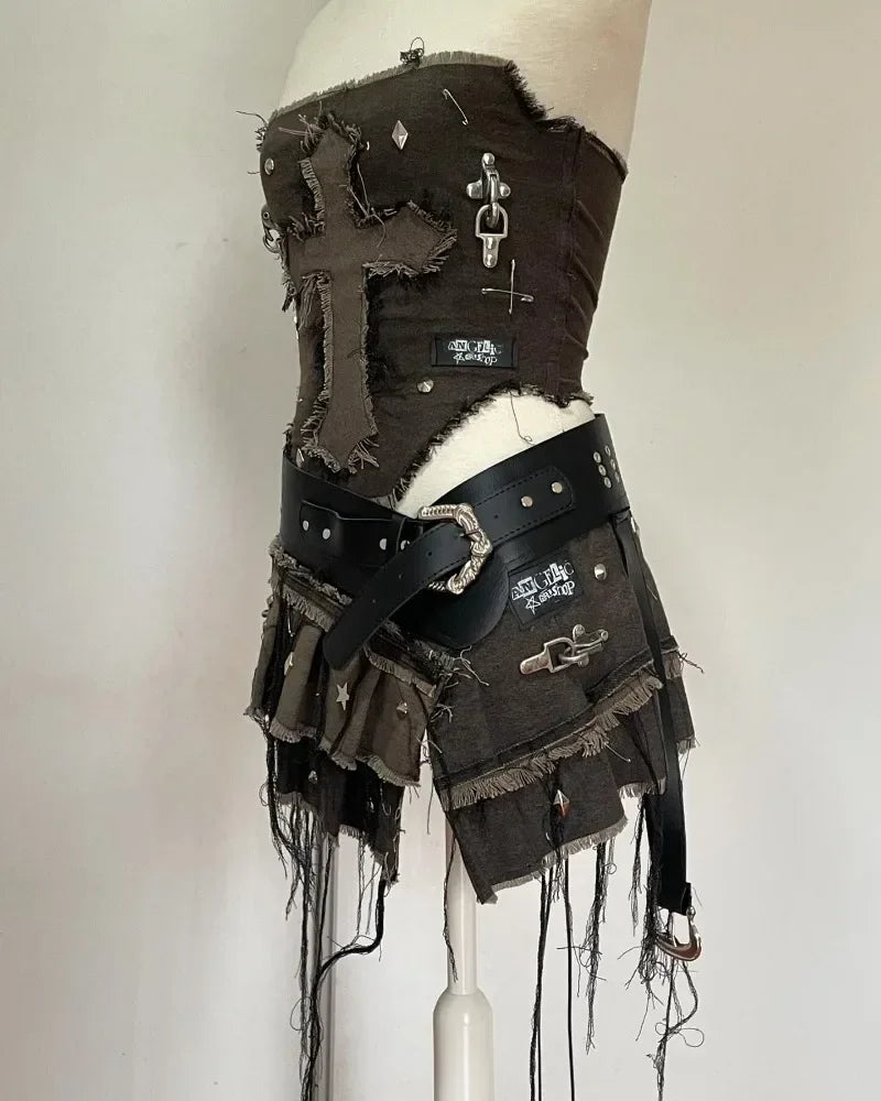 2025 Y2K Gothic Denim Two-Piece Set — Women’s Harajuku Pleated Mini Skirt Streetwear Outfit