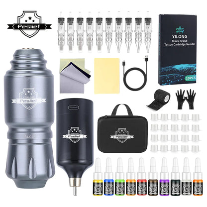 Rotary Wireless Tattoo Machine Kit – Complete Set with 10PCS Cartridge Needles, Permanent Makeup Tool for Tattoo Artists