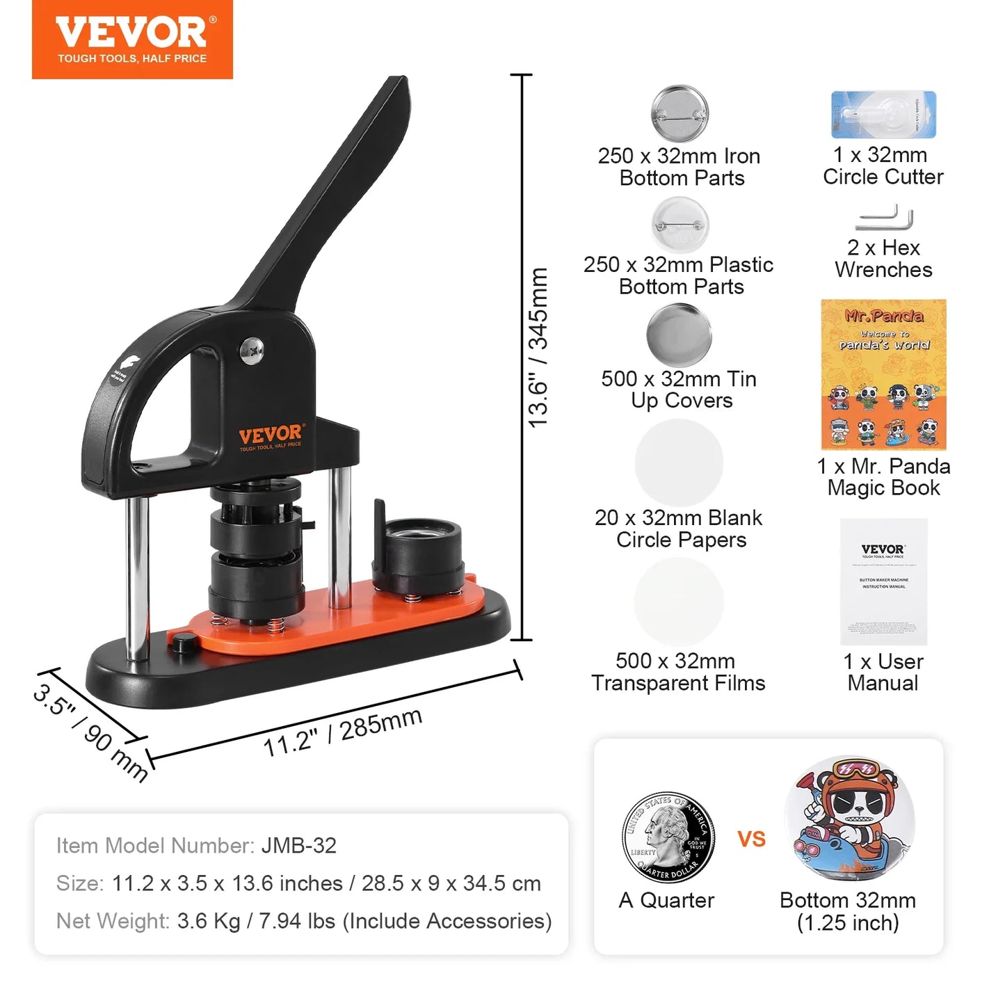 VEVOR Button Maker Machine — 25/32/58mm Pin Maker with Parts, Ergonomic Arc Handle Punch Press Kit